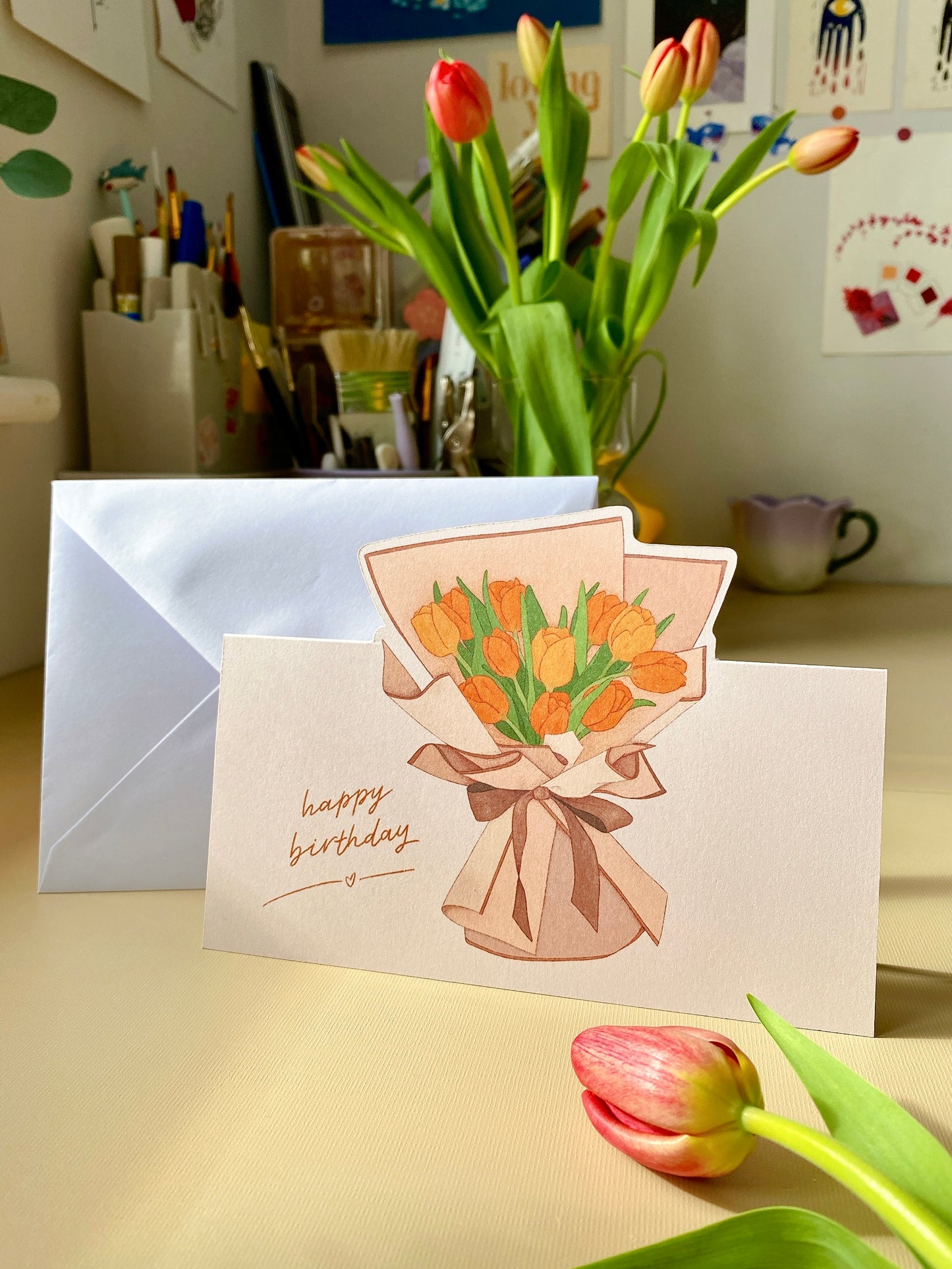 Happy Birthday Pop-up Card - Elegant Tulip Bouquet