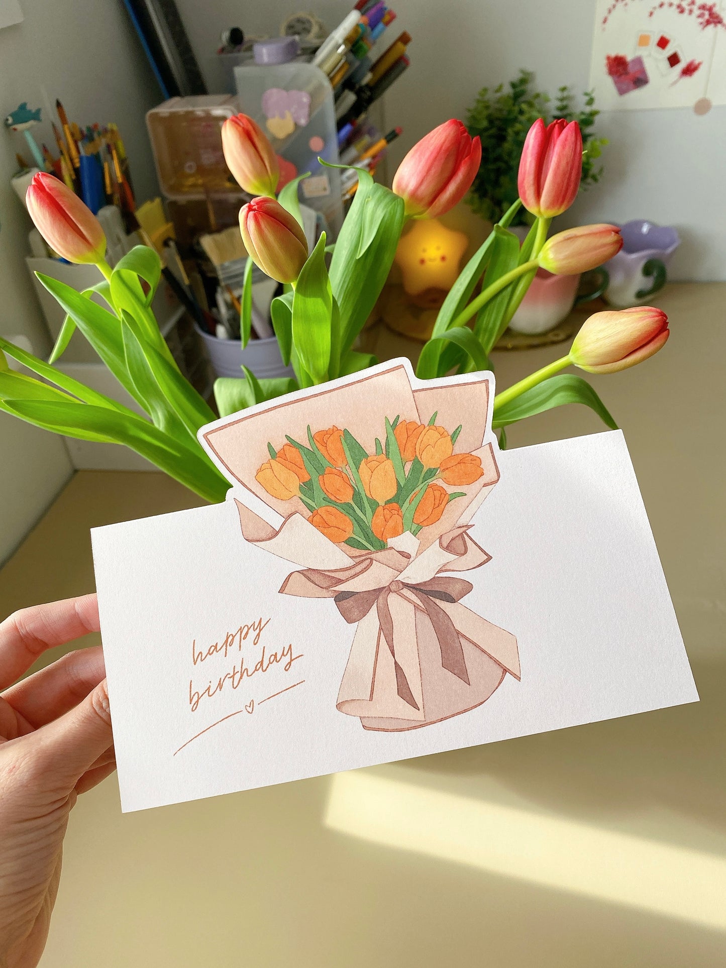 Happy Birthday Pop-up Card - Elegant Tulip Bouquet