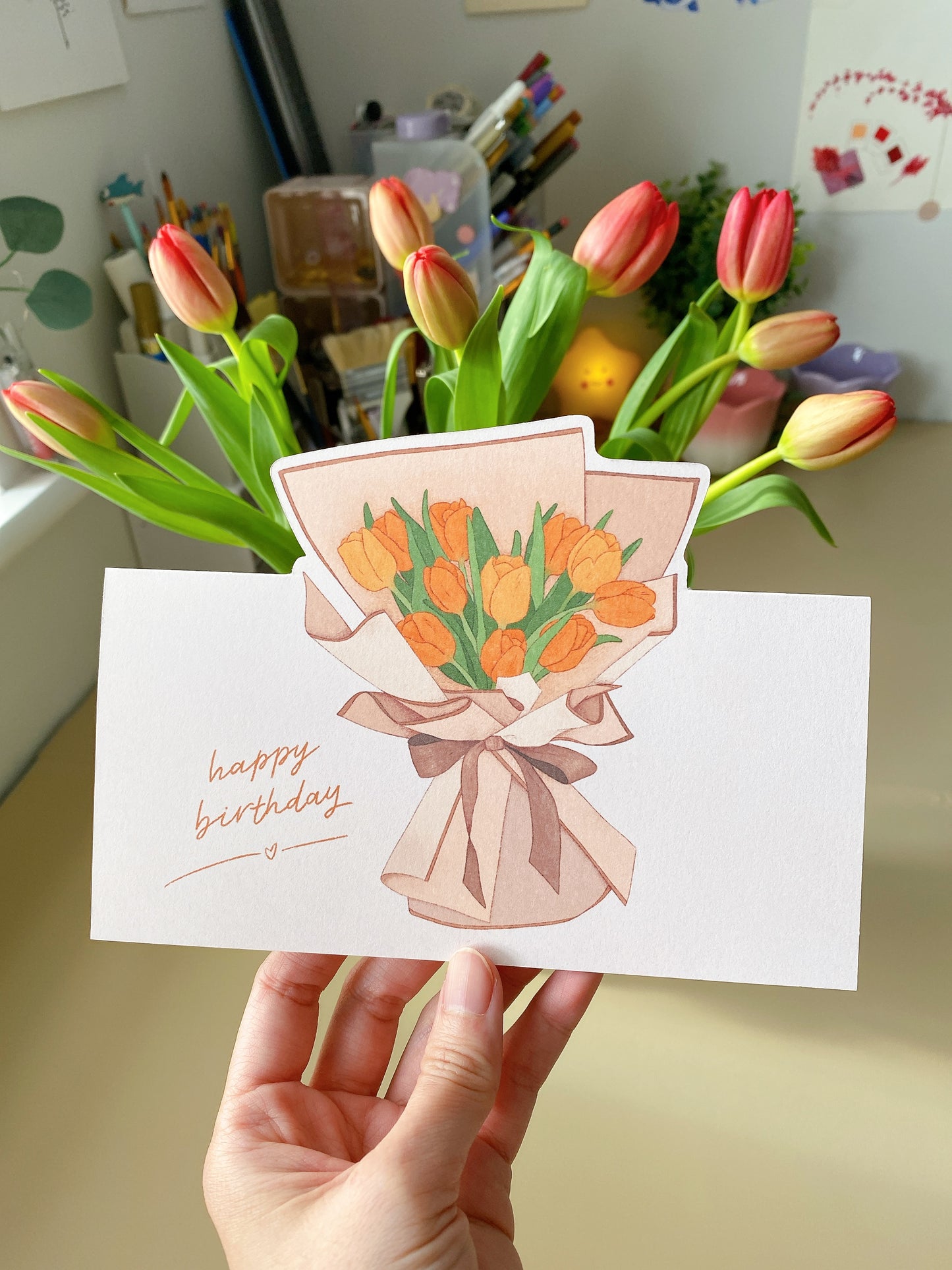 Happy Birthday Pop-up Card - Elegant Tulip Bouquet