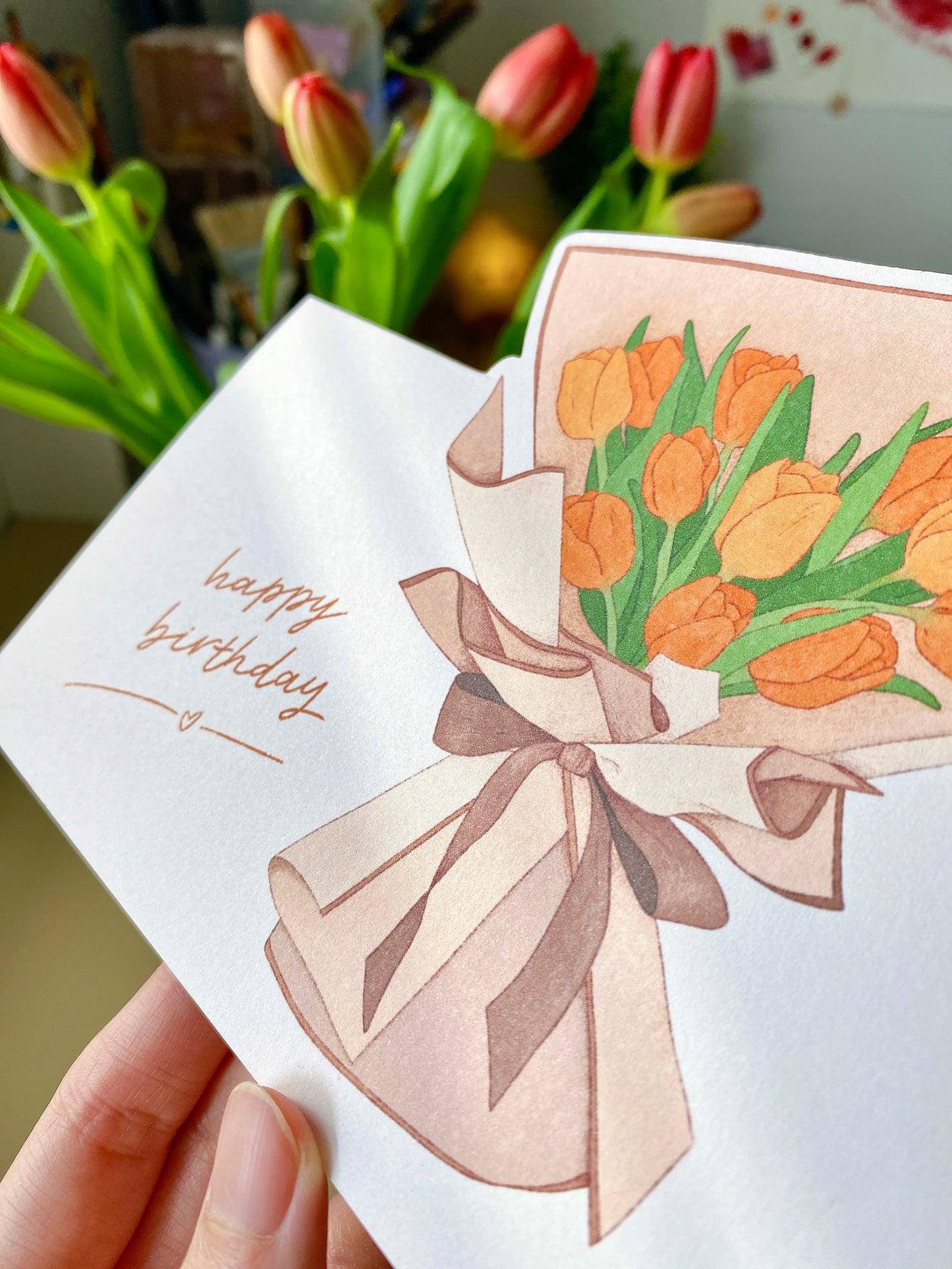 Happy Birthday Pop-up Card - Elegant Tulip Bouquet