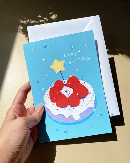 Cute Bear Strawberry Cake Birthday Card, Hand Drawn Illustration, Kawaii Birthday Greeting