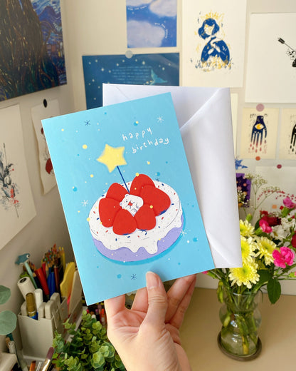 Cute Bear Strawberry Cake Birthday Card, Hand Drawn Illustration, Kawaii Birthday Greeting