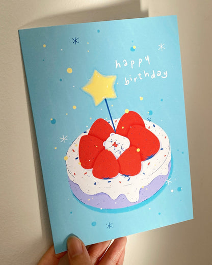 Cute Bear Strawberry Cake Birthday Card, Hand Drawn Illustration, Kawaii Birthday Greeting