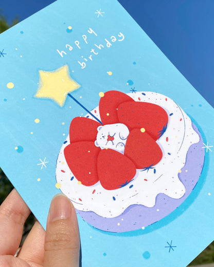 Cute Bear Strawberry Cake Birthday Card, Hand Drawn Illustration, Kawaii Birthday Greeting