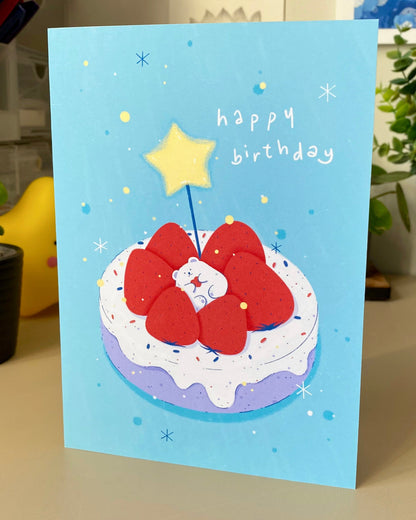 Cute Bear Strawberry Cake Birthday Card, Hand Drawn Illustration, Kawaii Birthday Greeting