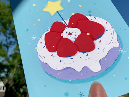 Cute Bear Strawberry Cake Birthday Card, Hand Drawn Illustration, Kawaii Birthday Greeting